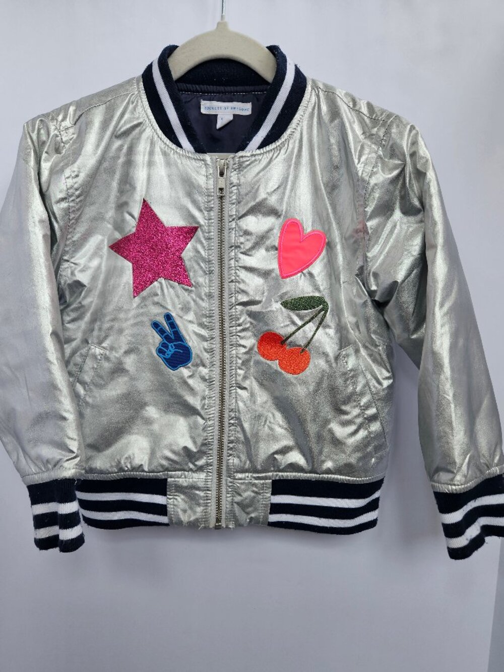 Rockets of Awesome Silver Metallic Bomber Jacket with Patches - Size 4